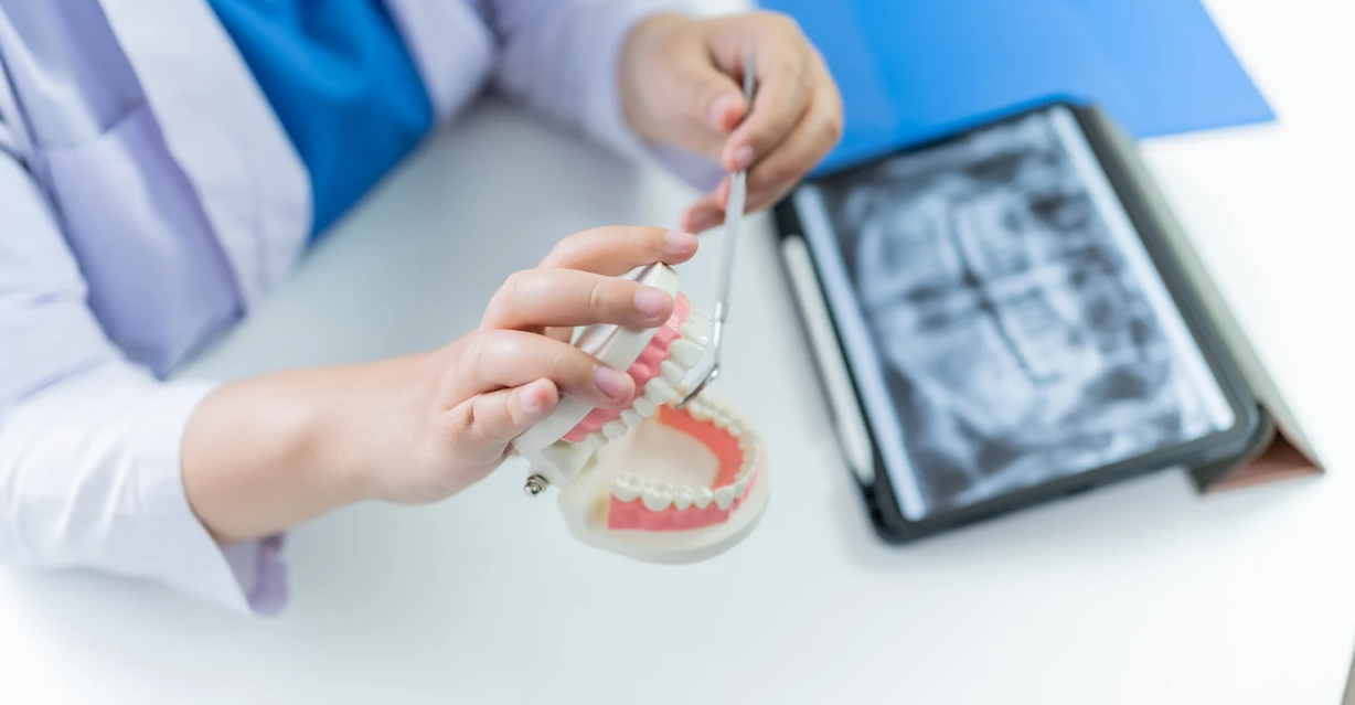 (Dentist demonstrates proper oral care using a dental model, with an X-ray visible in the background.)